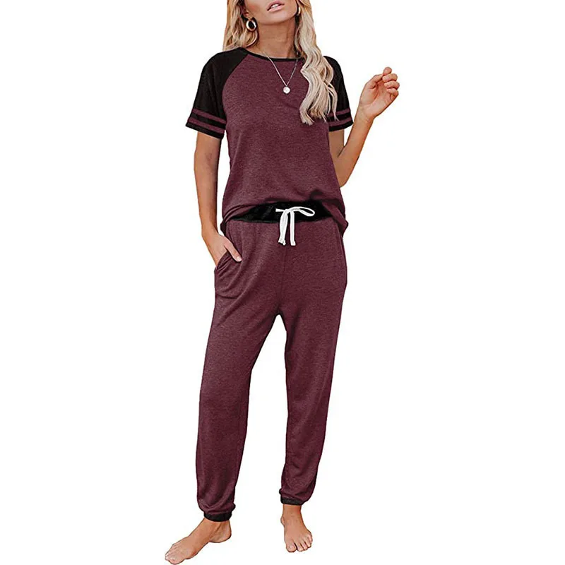 

2021 New Home Service Pajamas Women All-match Solid Color Stitching Fashion Round Neck Short Sleeve Casual Suit Lounge Wear