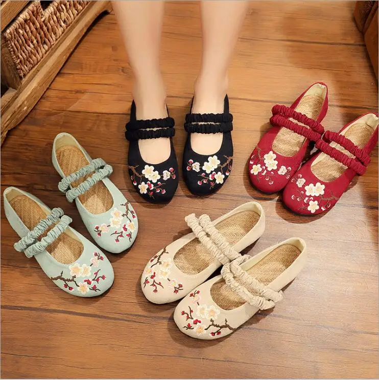 

New Design jelly sole single shoes women plum blossom embroidery cotton hemp ethnic shoes ancient Chinese costume Hanfu's shoes