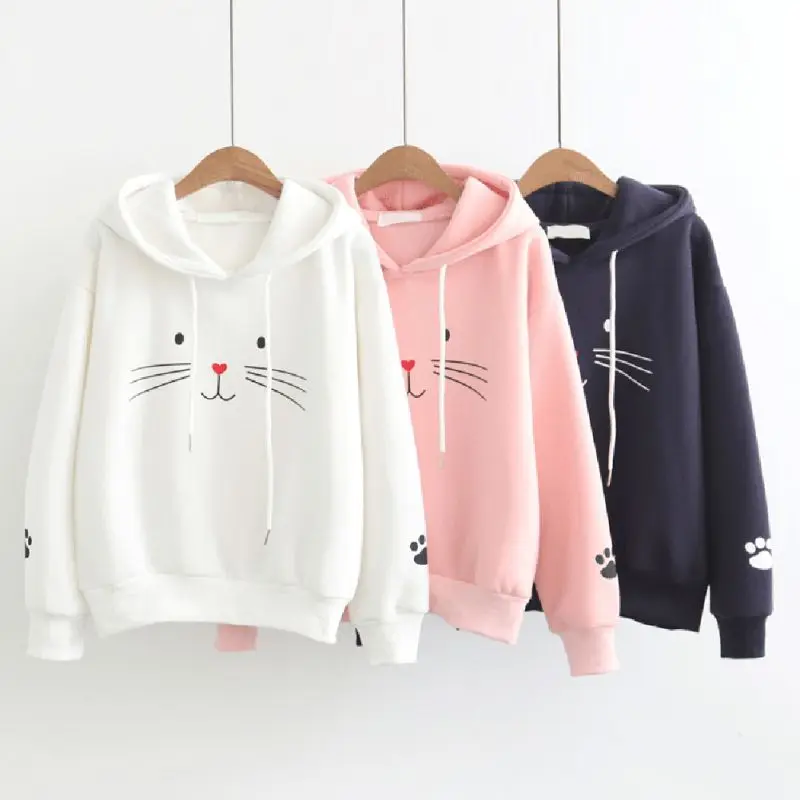 

Women's Plus Velvet Hoodies Cute Cat Print Long Sleeve Casual Warm Winter&Autumn Loose Hoodie Tops