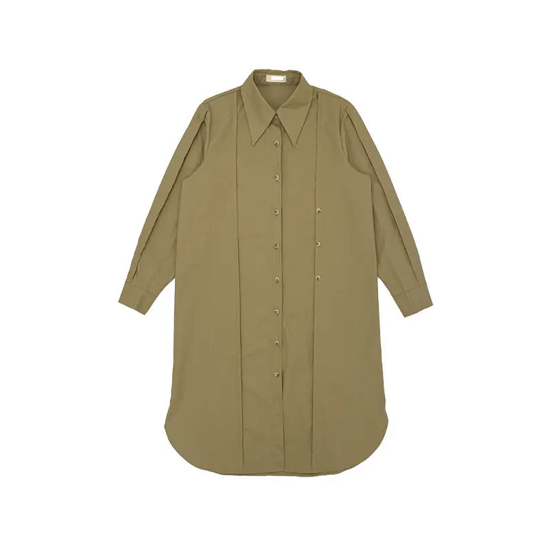 

XITAO Pleated Dress Fashion Single Breast Full Sleeve 2021 Spring Autumn Solid Color Loose Turn Down Collar Dress ZY5029