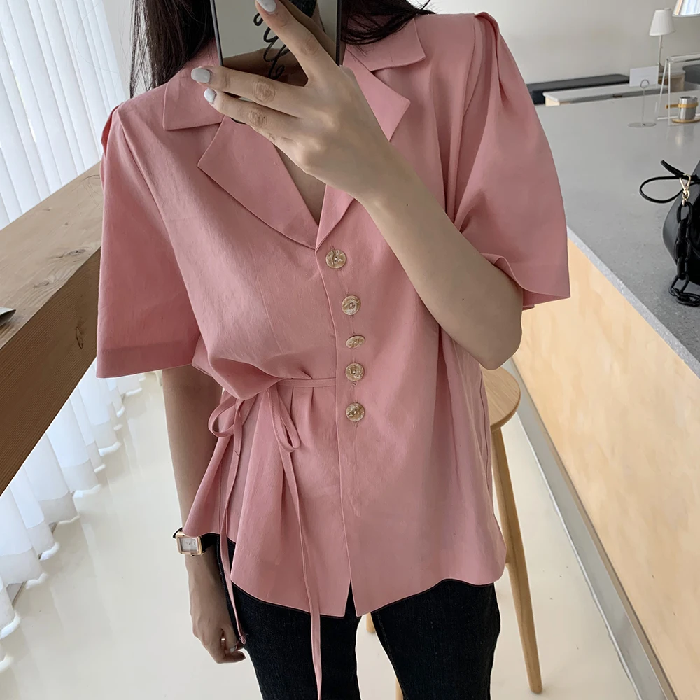 

Alien Kitty 2021 New Summer Loose Chic All Match Elegant Sleeves Tops Shirt Women Office Lady Basic Single Breasted Solid V-Neck