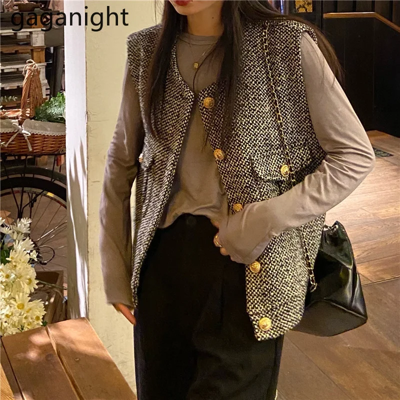 

Gaganight Women Tweed Waistcoat Female 2021 Spring Autumn New England Style Retro Gentle V-neck Loose Sleeveless Bottomming Top