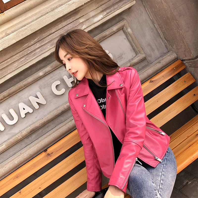 

Genuine Leather Jacket Women Pink Sheepskin Coat Female Motorcycle Coats and Jackets Spring Autumn 2021 Femme Veste Pph3369
