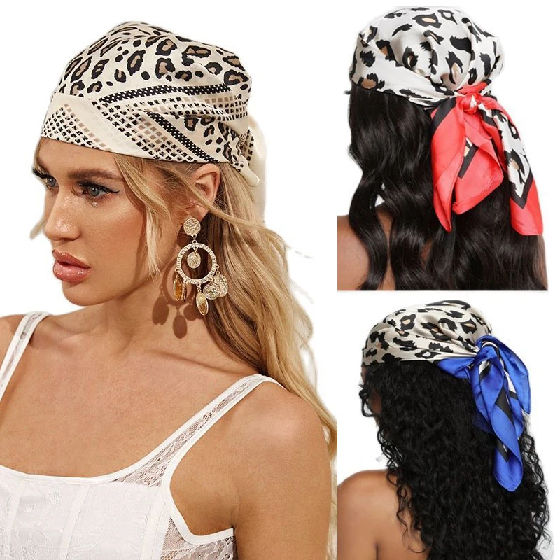 Женский шарф осенняя бандана роскошный Шелковый Атласный хиджаб с леопардовым