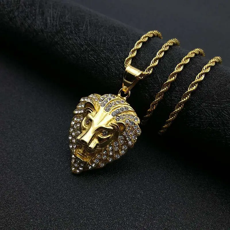 

Hip Hop Iced Out Lion Head Pendant & Chains For Men Gold Color Stainless Steel Animal Necklaces Male Bling Jewelry Dropshipping