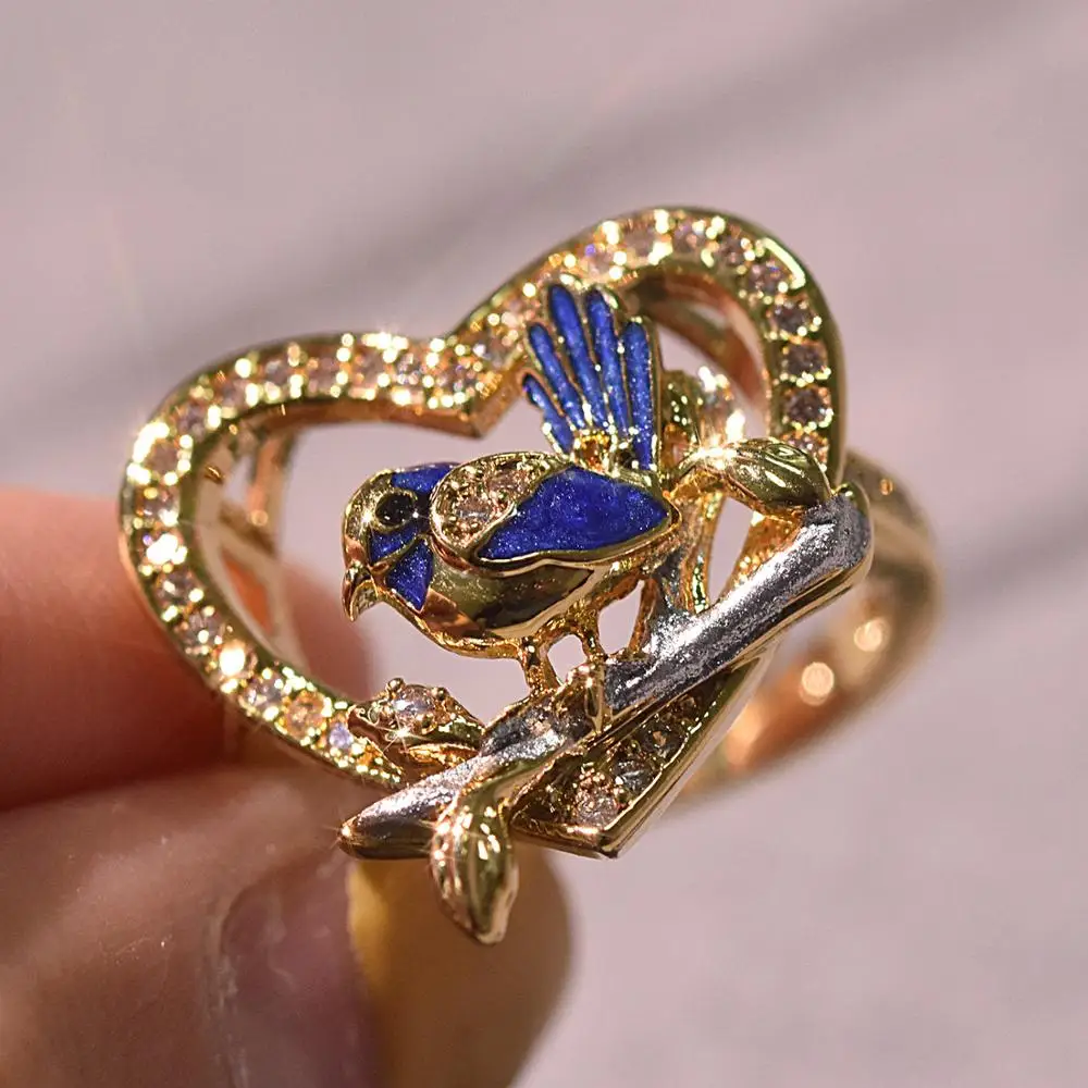 

2019 Hot Sale Lovely Bird Heart Shape Gold Women finger Ring Vintage Fashion Jewelry luxury top Quality Wedding Engagement Gift