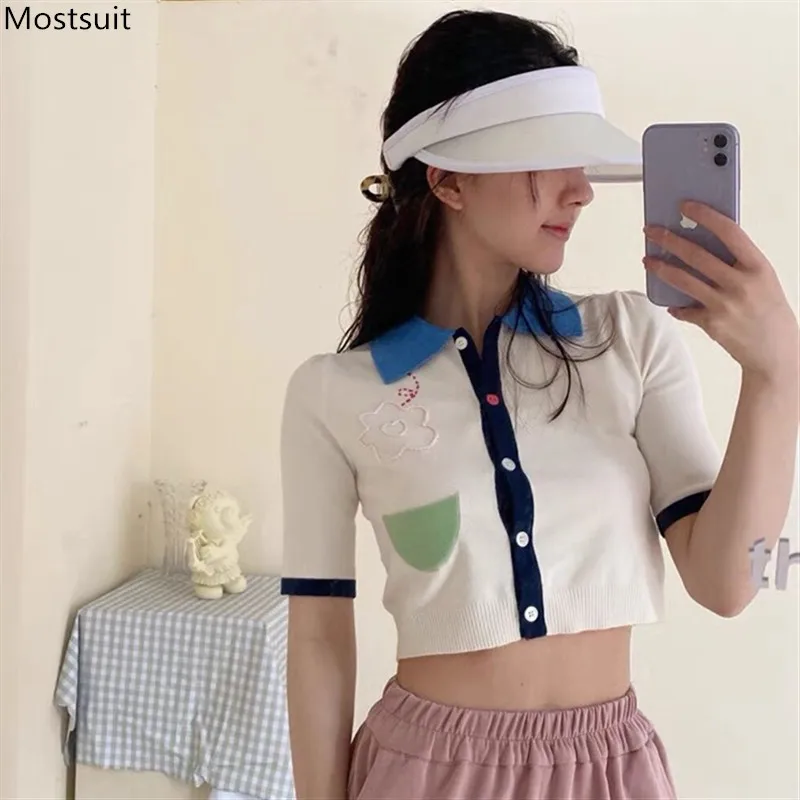 

Summer Fashion Turn Down Collar Short Sleeve Knitted Sweater Women's Cropped Cardigan With Pocket Crop Tops Sweet Korean Style