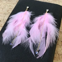 cpop feather earrings cubic zirconia long earrings for women white pink gray color tassel new cute pendientes largos mujer 2018