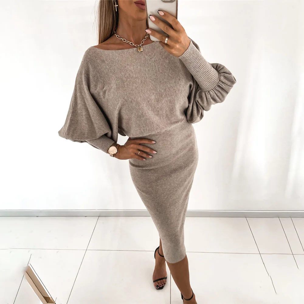 

Новинка 2021, Осеннее женское платье средней длины, зимнее теплое платье-карандаш с воротником-лодочкой и длинным рукавом-фонариком, элегантн...