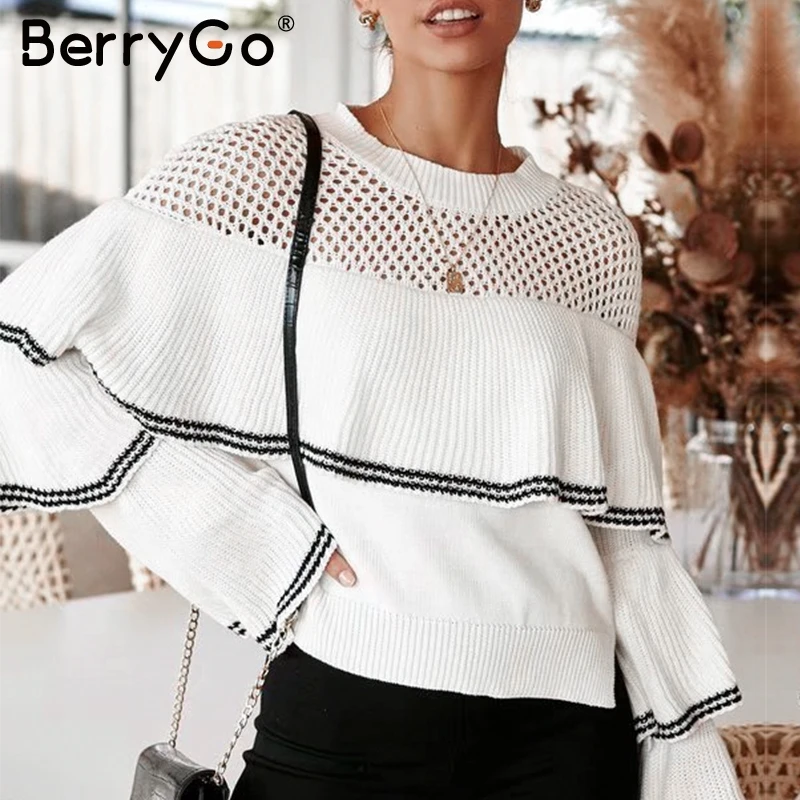 BerryGo Elegant hollow out women sweater Ruffles striped loose female pullover jumper Soft autumn winter ladies knitted sweaters | Женская