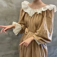 temperament loose strap collect waist dress female contrast color ruffled stitching round neck flare sleeve dresses women