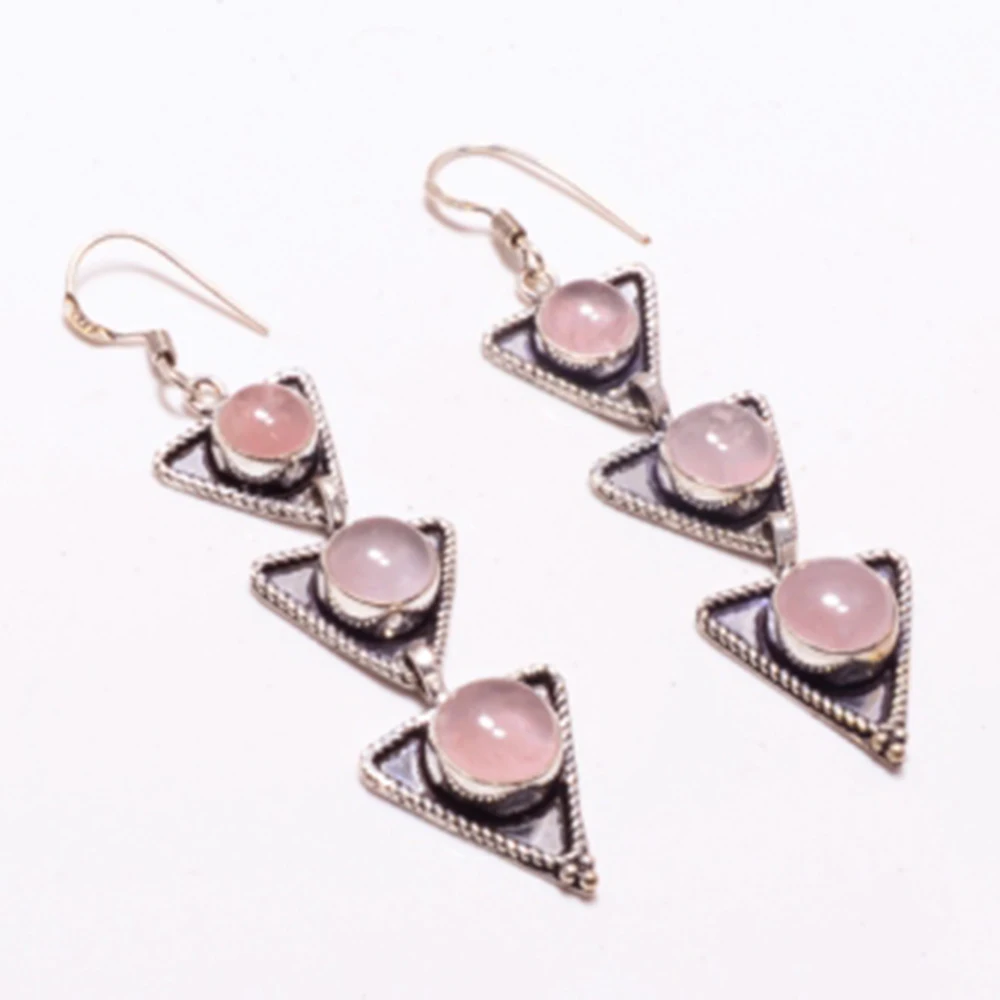 

Genuine Rose Quartz Silver Overlay on Copper Earrings Hand made Women Jewelry Gift, E5162