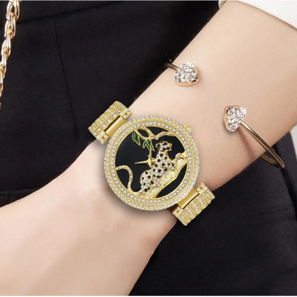 

Missfox Women Brand Watches Women Luxury Fashion Black Leopard Gold Watch Diamond Womens Watches Top Brand Female Wrist Watch