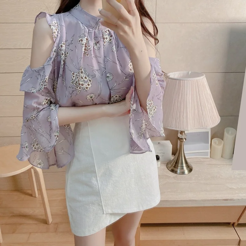 Шифоновая Блузка Рубашки женские топы корейский стиль дизайн фиолетовый черный