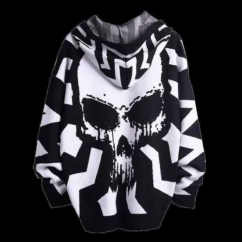 

Diablo European and American trend sweater men's hooded oversize national trend skull jacquard BF lovers hoodie coat