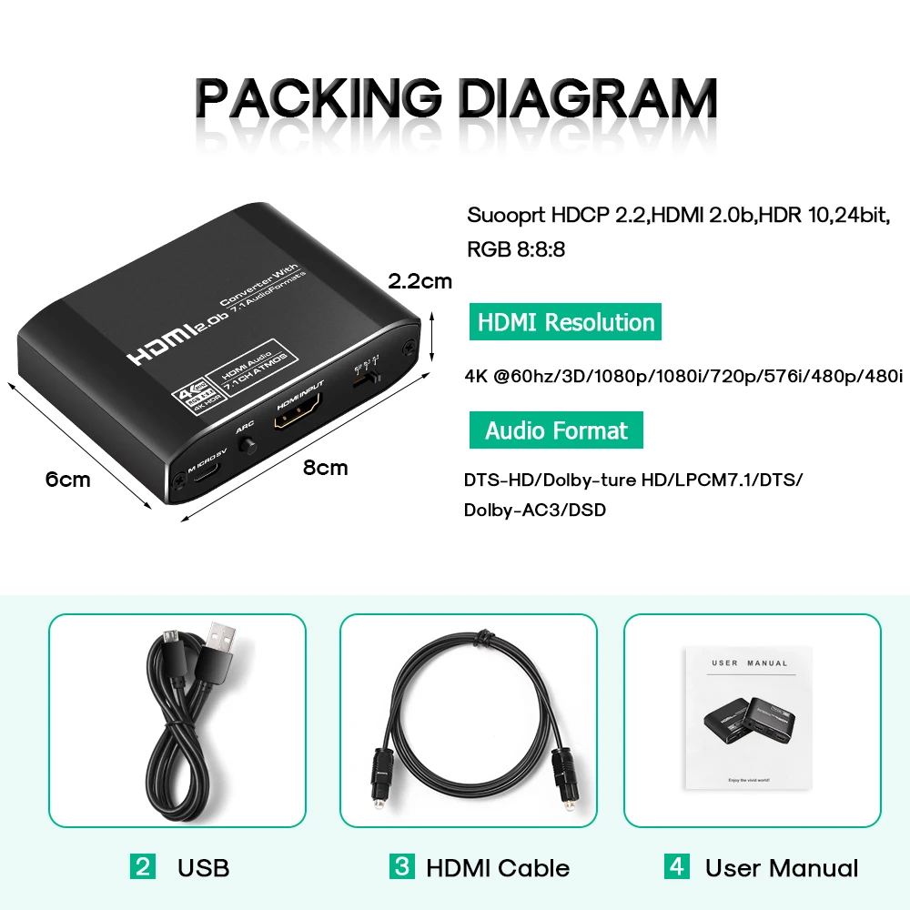 4K @ 60Hz HDMI 2 0 ARC аудио экстрактор сплиттер в оптический TOSLINK SPDIF 7 1 конвертер |