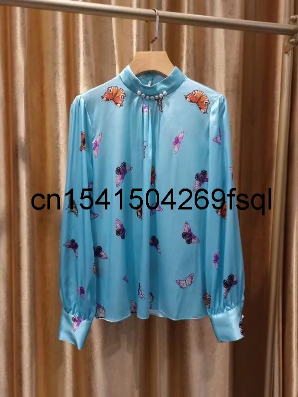 

New High Fashion Designer Blouse 2021 Summer Tops Women Runway Beading Butterfly Print Lantern Sleeve Casual Pure Silk Blouses