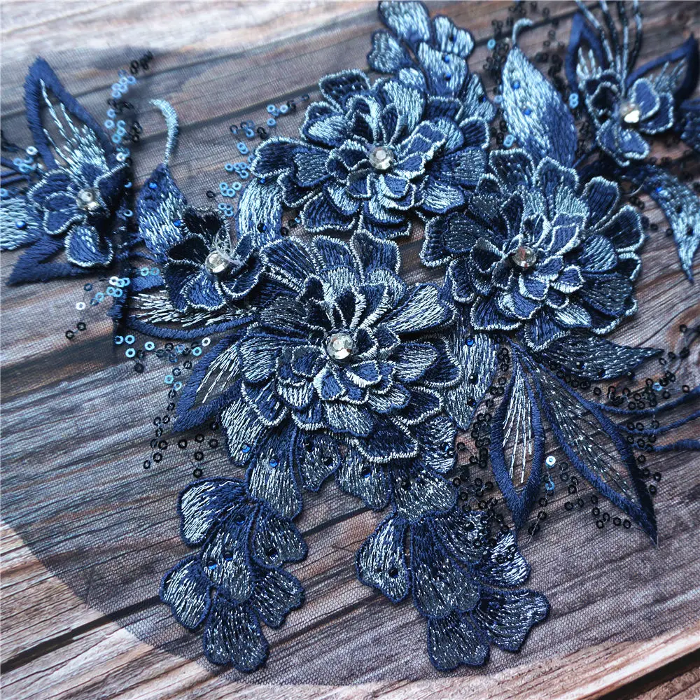 Темно-синяя 3D Цветочная ткань из листового Кружева Блестящие Стразы вышитая