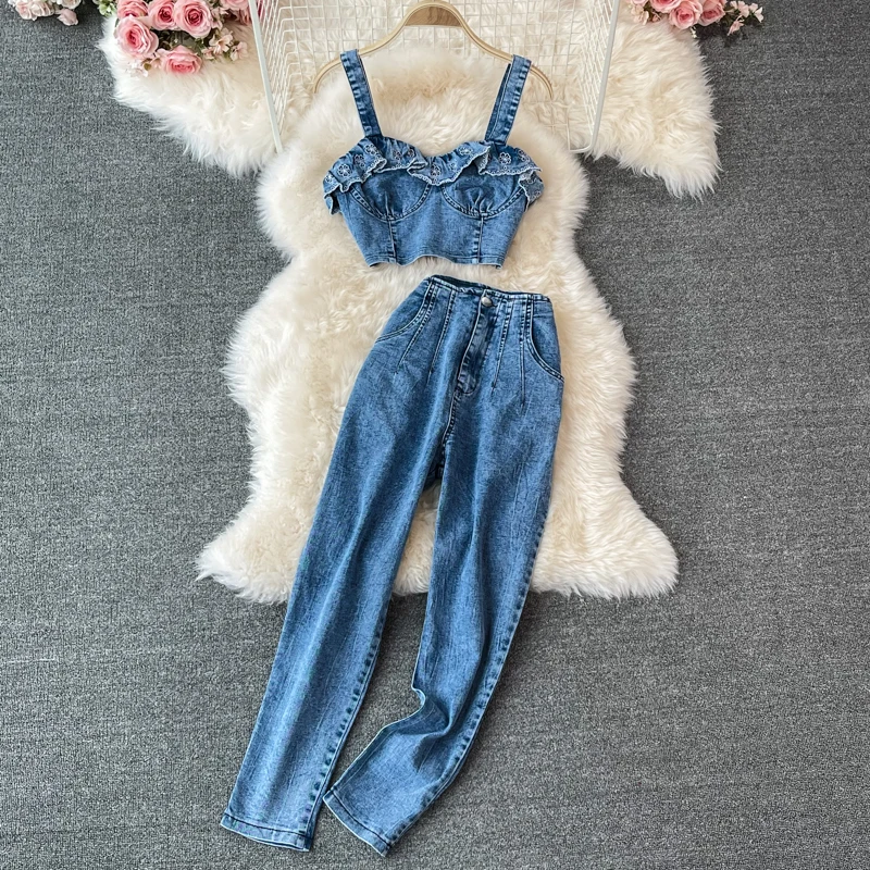 

Summer New Outfits Ruffles Sleeveless Spaghetti Strap Women Tops + High Waist Harem Pants Long Pants Sexy Denim Two-piece Set