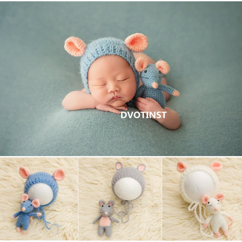 Dvotinst Newborn Baby Photography Props Cute Mouse Set Hat Bonnet Doll 2pcs Set Fotografia Accessories Studio Shoots Photo Props