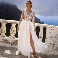 chiffon beach wedding dress see through custom made long sleeves v neck applique bride gown robe de mari%c3%a9e vestidos