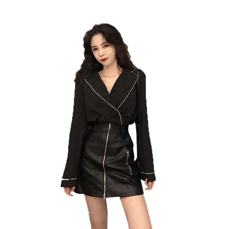 

Autumn New Sexy Low-Cut V-neck Loose Double-Breasted Long-Sleeved Shirt Women + Zipper Skirt Fashion Suit Fashion