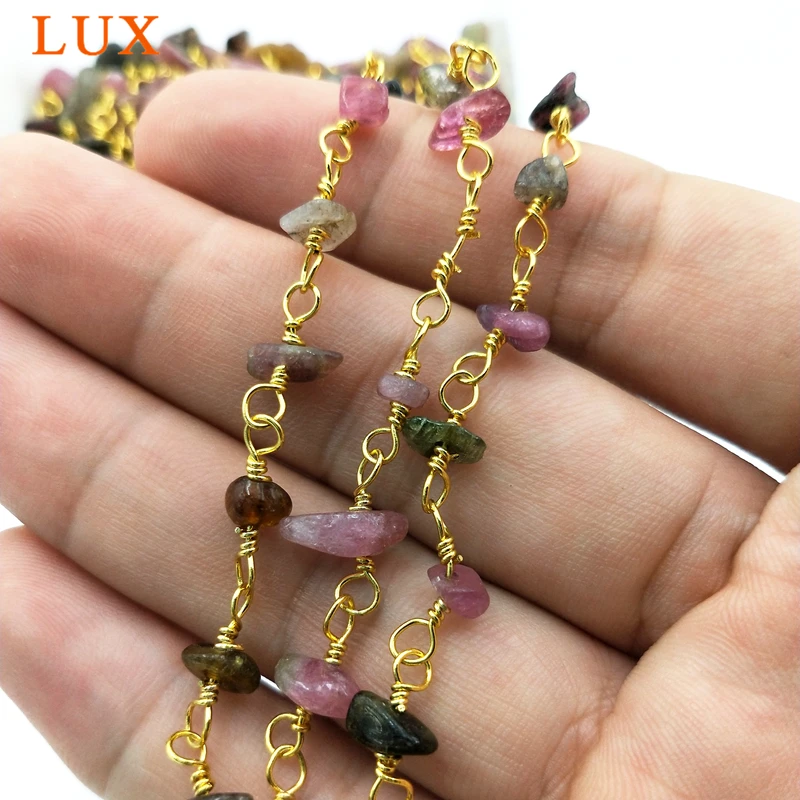 

Multi color Tourmaline Stone Metal Chain Gold Plated Wire Wrapped Metal Rosary Beaded Chain