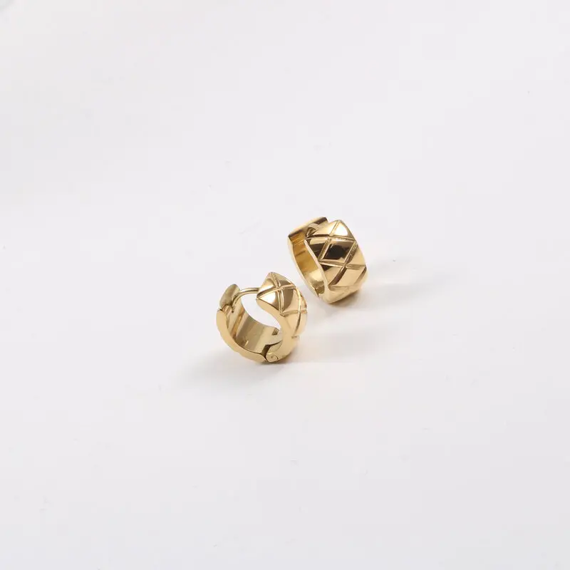 

High End PVD Plated Stainless Steel Jewelry Rhombus Texture Hoop Earring Wholesale For Women