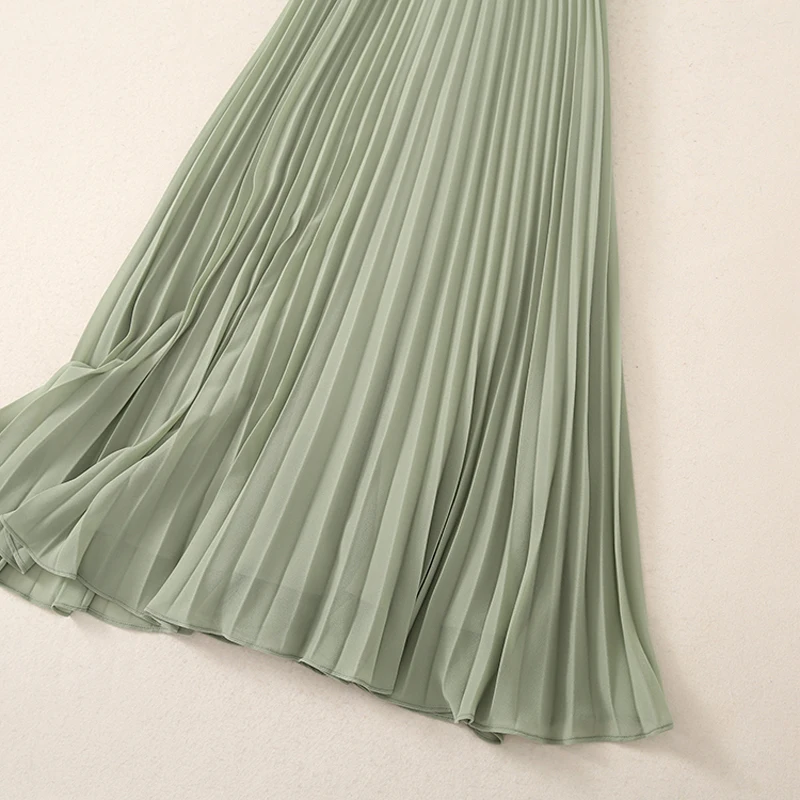 

2021 Summer New Green Folds Dress Fashion Design Vintage Embroidery Women Runway Chiffon A-Line Dresses