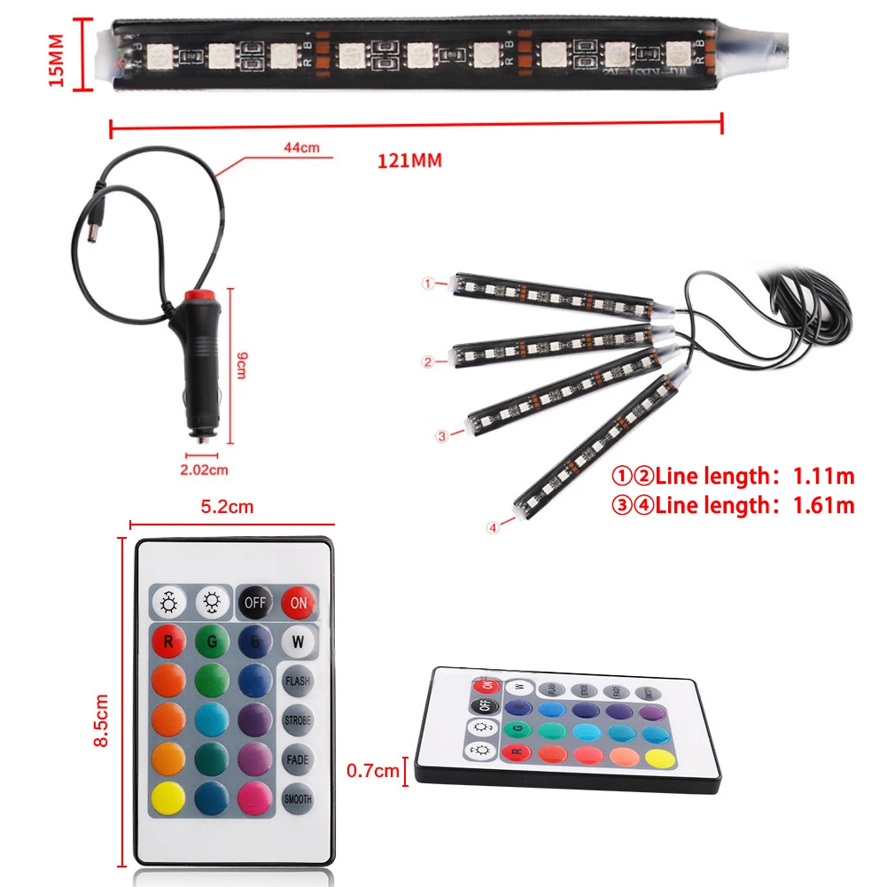 Внутренние светодиодные лампы для автомобиля 4 в 1 цветная световая панель RGB 9