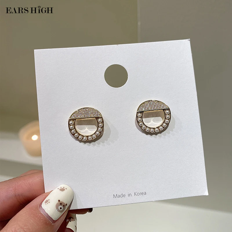 

EARS HIGH Cute Delicate Micro Paved Zircon Circle Stud Earrings For Women Elegant Pearl Beads Boucle D'oreille Jewelry Gifts
