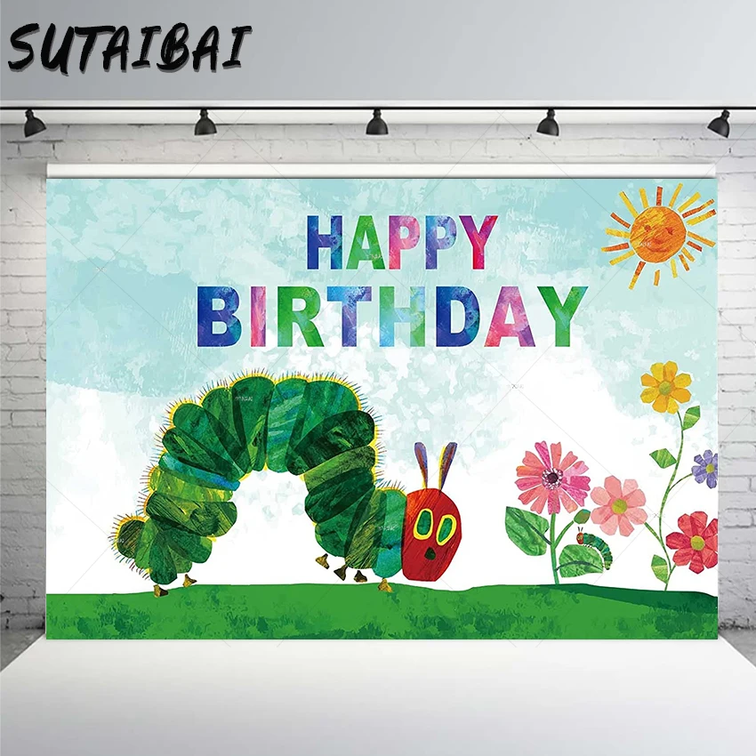 Very Hungry Little Green Caterpillar Happy Birthday Backdrop Insects Theme Background 1st Birthday Party Baby Shower PhotoStudio