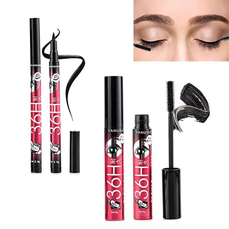 

New 2 Pcs/set Black Mascara Eyeliner Not Easy Blooming Long Lasting Waterproof Curly Slender Smooth Eye Makeup Cosmetic TSLM1