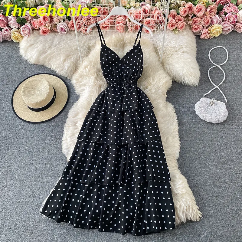 

Seaside Holiday Women Dress 2021 New Halter Strap Vestidos Female Wave Point Cake V-neck High-waist Chiffon Midi Dresses
