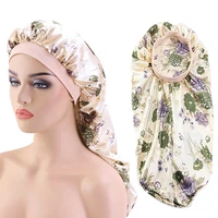 women satin sleep cap elegant floral print elastic band beauty hair care cap for ladies wrap night long hair bathroom accessorie
