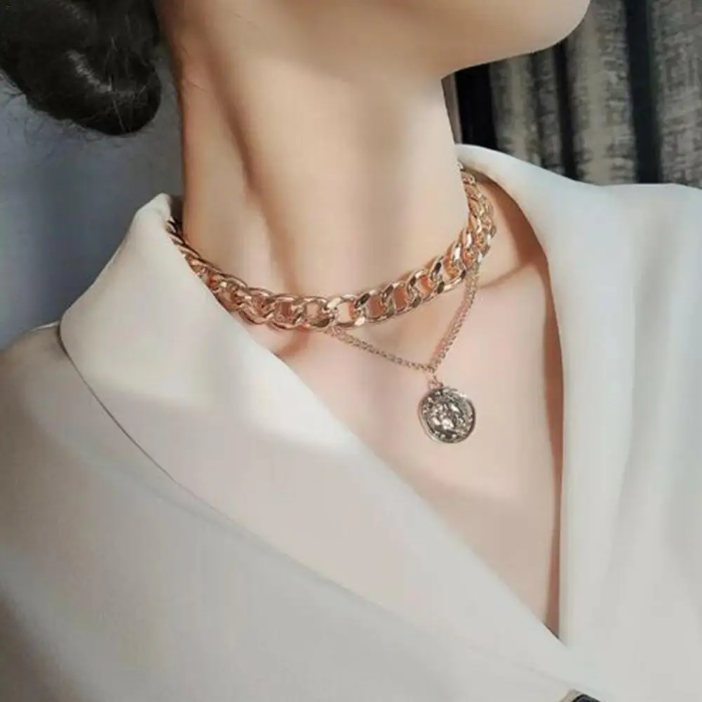

Retro Double-layer Necklace Portrait Exaggerated Thick Chain Necklace Personality Chain Necklace Short Clavicle Chain Female