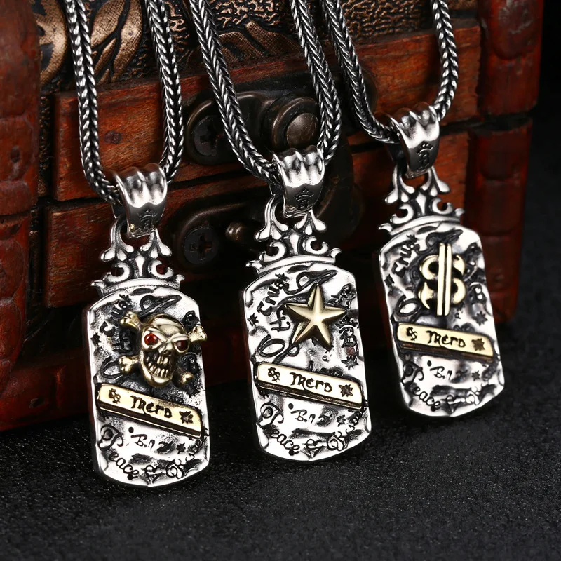 

Кулон пятизвездочный мужской из серебра 925 пробы с черепом-граффити