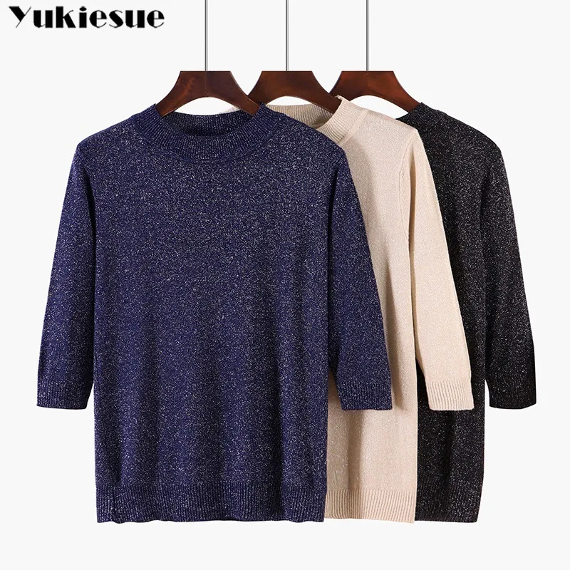 

2022 new Women Pullover Sweater Lurex Glitter Knitted pullover Tops Spring Autumn Half Sleeve Elasticity o-neck Female Jumper