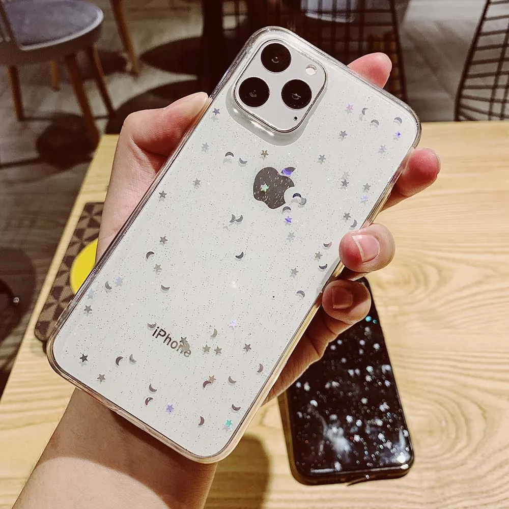 Блестящий чехол LOVECOM со звездами и Луной для iPhone 12 Mini 11 XS Pro Max XR X 6 6S 7 8 Plus прозрачный