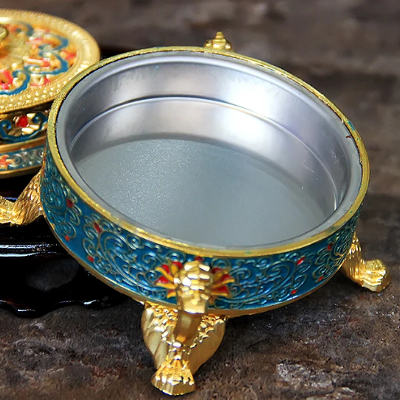 

Antique Tibetan Incense Burner Painted Enamel Metal Copper Alloy Coil Incense Holder Office Censer Bowl Buddhist Decoration