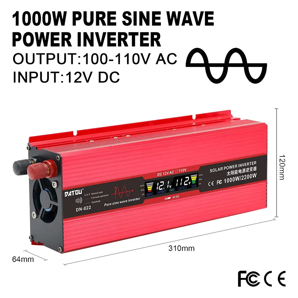 

2021 Pure sine wave inverter 1000W power inverter peak 2200W converter DC 12V to AC 110V 120V, with LCD color display