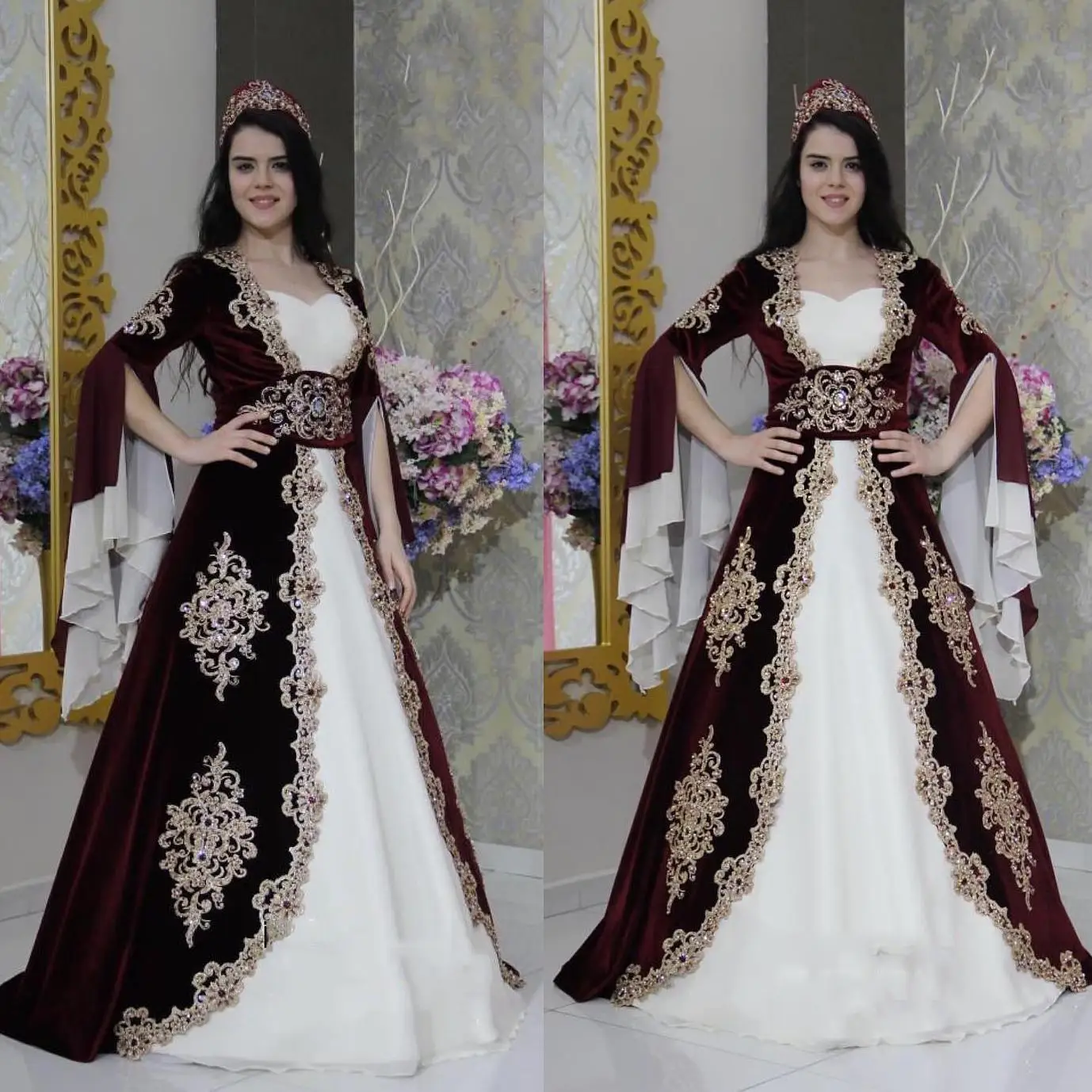 

Dubai Arabic Plus Size Wedding Dresses Bridal Gown Sweetheart Velvet Satin Lace Applique Beaded Long Sleeves Custom Made