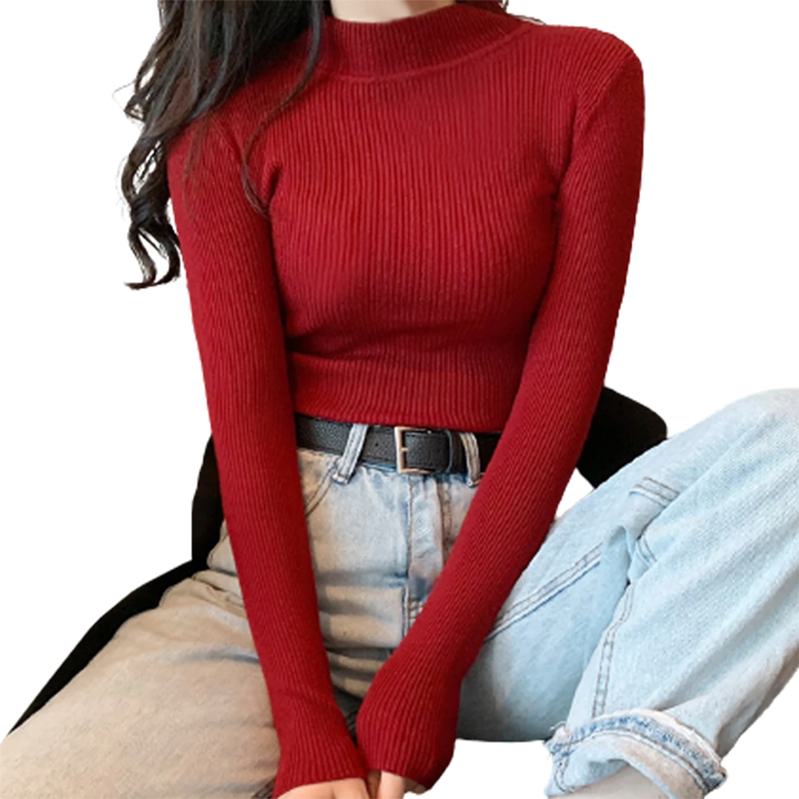 

Women Autumn Winter Knitwear Long Sleeve Mock Neck Ribbed Slim Sweater Blouse