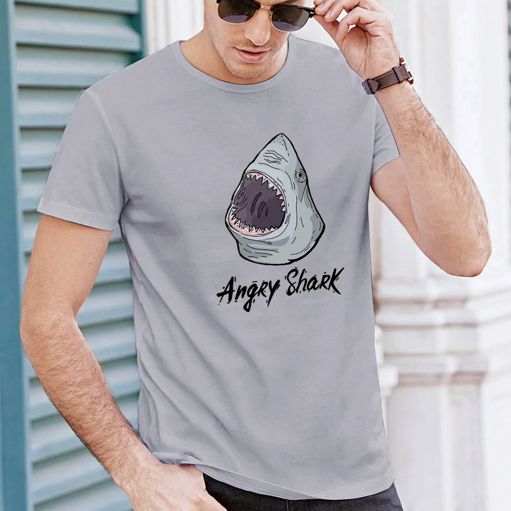 

Summer T Shirt Men Cotton Basic Casual Funny Print Angry Shark Graphic Tees Sports Harajuku Cool Customized Male Cartoon Shirt