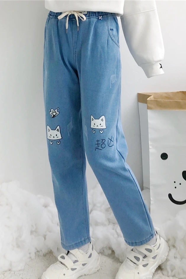 

Thicken Jeans Female Kawaii Cat Embroidery Japanese Sweet Soft Sister Autumn Winter Trousers Girl Loose Straight Leg Pants women