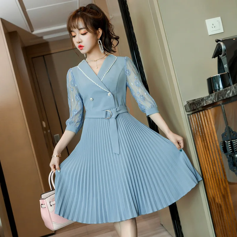 

IZICFLY Summer New Style Slim Blue Lace Patchwork Korean Dress Fashion Elegant Women Business Short Sleeve Office Work Wear