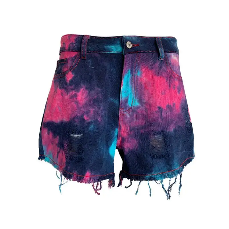 

Summer 2020 for Women vintage Mid waist shorts jeans tie dye Ripped Hole denim shorts female distress cutoffs shorts p1531