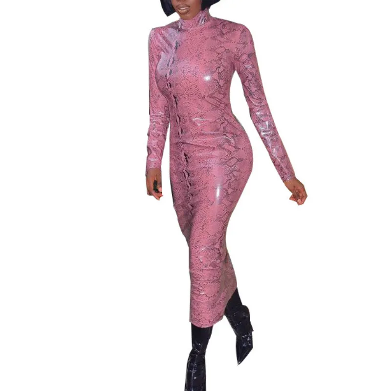 Сексуальные розовые платья из искусственной змеи с длинными рукавами облегающие