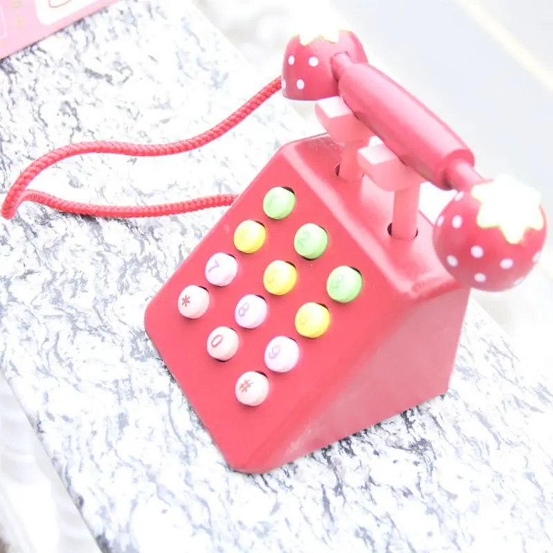 

Girl Toys Phone Strawberry Simulation Pink Telephone Furniture Wooden Toys XX9E