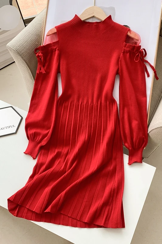 

Spring 2021 New Slim Red Dress Women's Fashion Mesh Off Shoulder Knitted Skirt